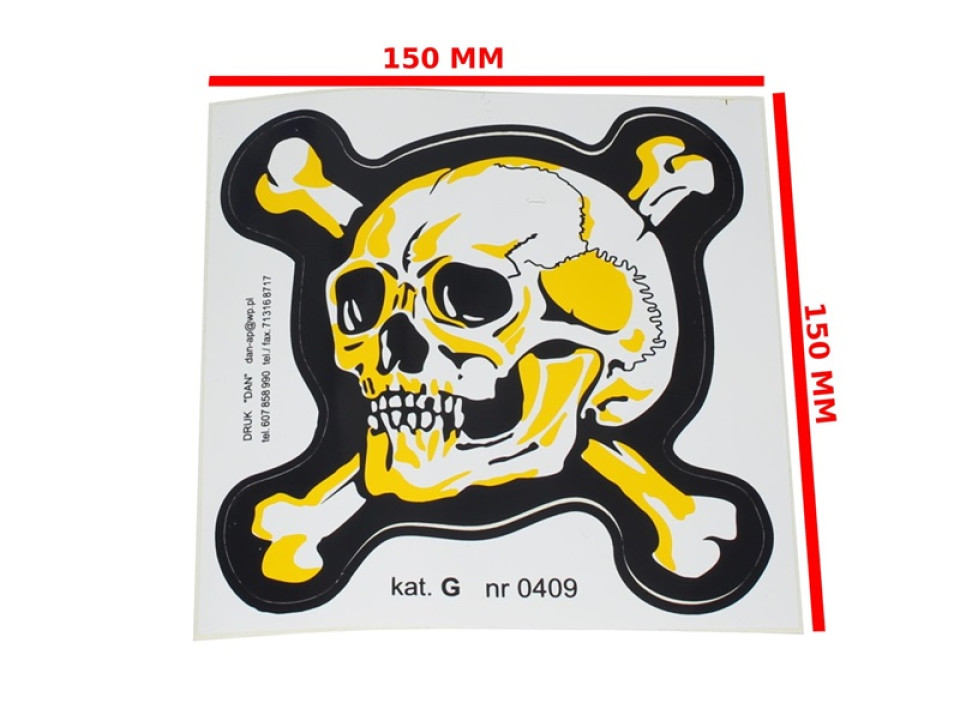 jaszmotor_webshop_koponyas_matrica_<br>(fekete-sarga-feher,__150_x_150mm)_-_mr